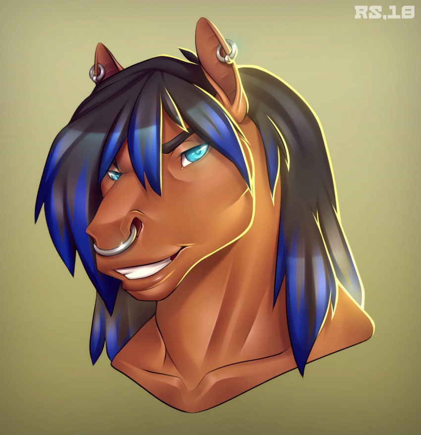 2018 anthro arzel_(character) biped black_eyebrows black_hair blue_eyes blue_hair brown_ears brown_fur ear_piercing equine eyebrows facial_piercing fur hair headshot_portrait horse long_hair looking_at_viewer male mammal multicolored_hair nose_piercing piercing portrait radiant_scar simple_background smile solo tan_background teeth two_tone_hair