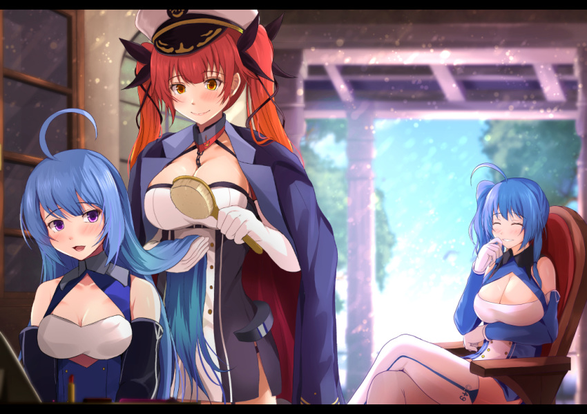adjusting_hair azur_lane bare_shoulders black_ribbon blue_hair blush breasts brushing_another's_hair chair cleavage commentary_request crossed_legs day dress elbow_gloves eyebrows_visible_through_hair gloves hair_brush hair_brushing hair_ribbon hairdressing hat helena_(azur_lane) honolulu_(azur_lane) indoors jacket_on_shoulders kanzaki_kureha large_breasts laughing lipstick long_hair looking_to_the_side makeup medium_breasts multiple_girls open_mouth peaked_cap purple_eyes red_eyes red_hair ribbon sitting smile st._louis_(azur_lane) thighhighs tree twintails very_long_hair white_gloves white_hat white_legwear