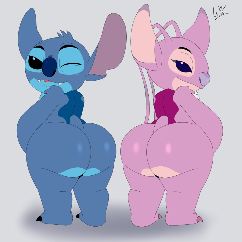 2018 alien angel_(lilo_&amp;_stitch) antennae back_markings big_butt black_claws black_eyes blue_fur blue_nose butt butt_pose chest_tuft claws digital_drawing_(artwork) digital_media_(artwork) disney duo experiment_(species) eyelashes fangs fur girly grey_background head_tuft hi_res lilo_and_stitch looking_at_viewer looking_back markings notched_ear one_eye_closed open_mouth open_smile pink_claws pink_fur purple_eyes purple_nose seductive shoulder_tuft signature simple_background small_tail smile stitch thick_thighs toe_claws tuft white_fur wink wit_1