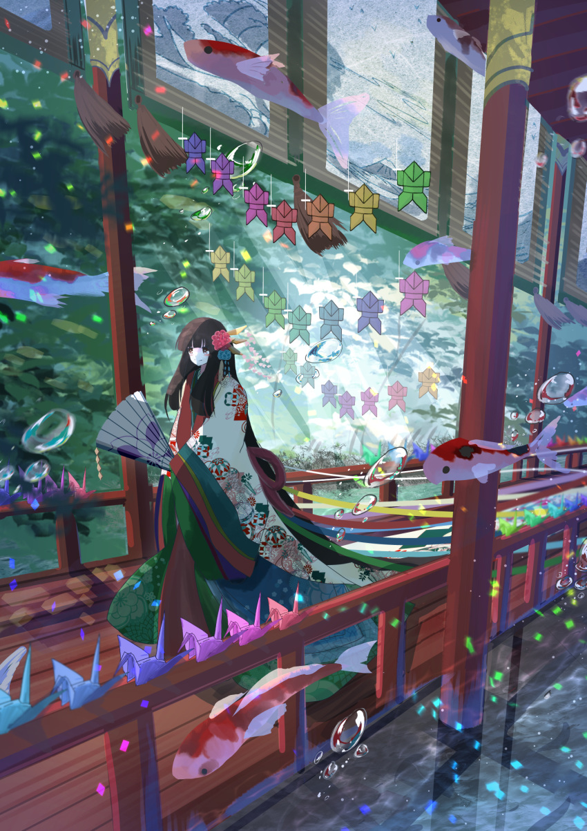 absurdly_long_hair air_bubble amatsuki_rei animal bamboo_screen bangs black_hair blunt_bangs blush bridge brown_eyes bubble caustics closed_mouth commentary_request day fan fantasy fish folding_fan hair_ornament highres holding holding_fan japanese_clothes kimono koi layered_clothing layered_kimono light_rays long_hair long_sleeves origami original outdoors paper_crane paper_fan print_kimono railing scenery smile solo sunbeam sunlight surreal tassel train_(clothing) very_long_hair water white_kimono wide_sleeves
