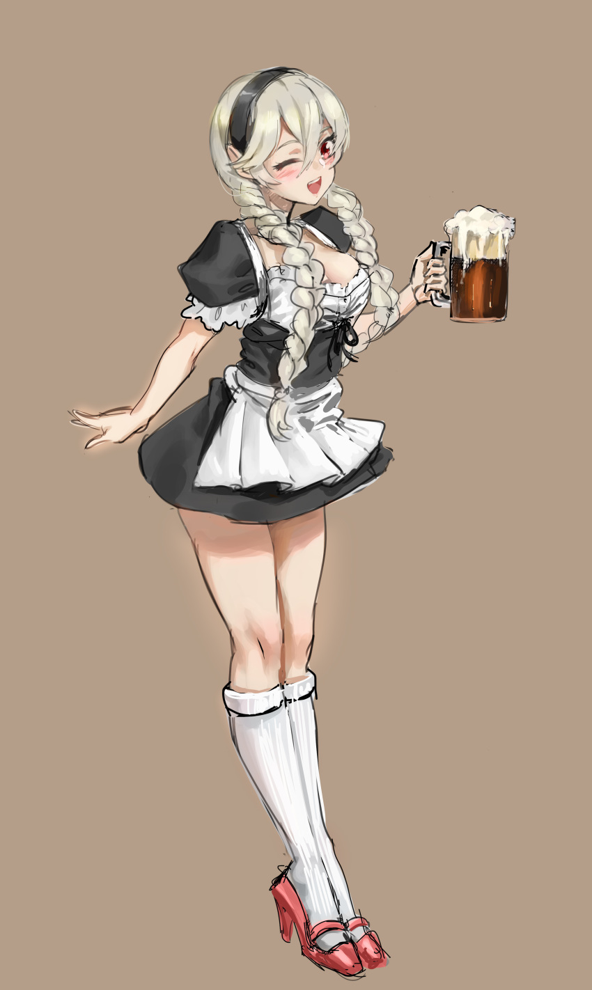 absurdres alcohol alternate_costume apron athenawyrm beer breasts commentary enmaided female_my_unit_(fire_emblem_if) fire_emblem fire_emblem_if frills full_body hair_between_eyes hair_ornament hairband highres long_hair looking_at_viewer maid maid_apron maid_headdress my_unit_(fire_emblem_if) pointy_ears puffy_sleeves red_eyes silver_hair skirt solo waist_apron white_hair