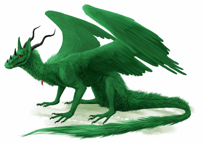 2015 ambiguous_gender claws digital_media_(artwork) dragon feathered_dragon feathered_wings feathers fur furred_dragon green_feathers green_fur horn oneminutesketch red_eyes simple_background white_background wings