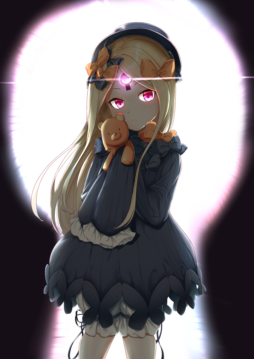 abigail_williams_(fate/grand_order) absurdres bangs black_bow black_dress black_hat blonde_hair bloomers blush bow bug butterfly dress eyebrows_visible_through_hair fate/grand_order fate_(series) forehead glowing hair_bow hands_up hat head_tilt highres holding holding_stuffed_animal insect kimidori3_karla long_hair long_sleeves looking_at_viewer orange_bow parted_bangs parted_lips polka_dot polka_dot_bow purple_eyes sleeves_past_fingers sleeves_past_wrists solo stuffed_animal stuffed_toy teddy_bear underwear very_long_hair white_bloomers