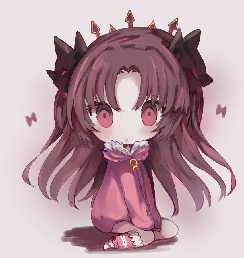 :o bangs black_bow blush bow brown_hair chibi cottontailtokki eyebrows_visible_through_hair fate/grand_order fate_(series) full_body hair_between_eyes hair_bow highres hood hood_down hooded_jacket ishtar_(fate/grand_order) ishtar_(swimsuit_rider)_(fate) jacket long_hair long_sleeves looking_at_viewer looking_to_the_side parted_bangs parted_lips pink_jacket red_eyes sitting sleeves_past_fingers sleeves_past_wrists solo tiara very_long_hair wariza