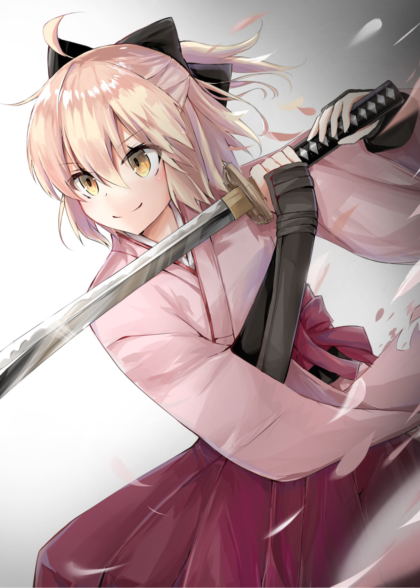absurdres arm_guards black_bow blonde_hair bow cherry_blossoms commentary_request eyebrows_visible_through_hair fate/grand_order fate_(series) gauntlets gradient gradient_background hair_between_eyes hair_bow hakama half_updo highres holding holding_sword holding_weapon japanese_clothes katana kimono koha-ace long_sleeves meiji_schoolgirl_uniform okita_souji_(fate) okita_souji_(fate)_(all) petals pink_kimono red_hakama simple_background smile solo sword watanai72 weapon white_background wide_sleeves yellow_eyes