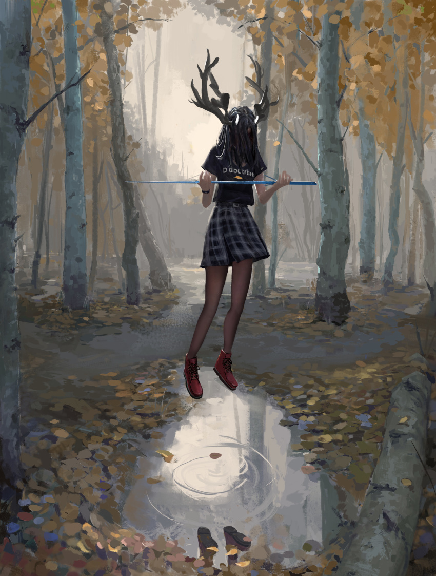 1girl antlers bare_legs female floating leaves long_hair nature original outdoors paindude shoes skirt solo water