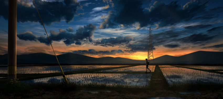 adsuger backpack bag blue_sky cloud cloudy_sky commentary_request farm from_side gradient_sky grass highres miniskirt mountain mountainous_horizon original outdoors path power_lines rice_paddy road scenery school_uniform serafuku short_hair skirt sky solo sunset thighhighs walking water wide_shot