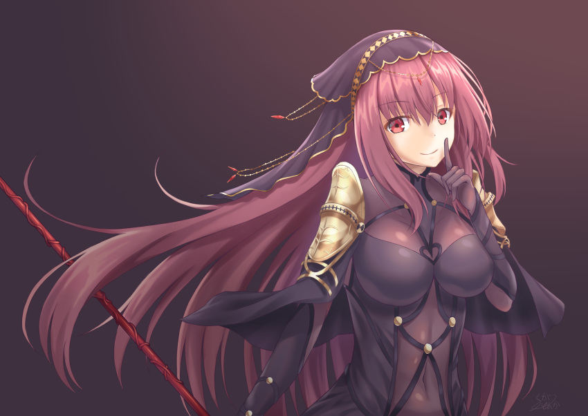 bodysuit breasts commentary_request covered_navel dark_background fate/grand_order fate_(series) finger_to_mouth gae_bolg hair_intakes highres holding holding_weapon kugatsu_tooka large_breasts leotard long_hair looking_at_viewer pauldrons polearm purple_bodysuit purple_hair purple_leotard red_eyes scathach_(fate)_(all) scathach_(fate/grand_order) shoulder_armor spear veil weapon