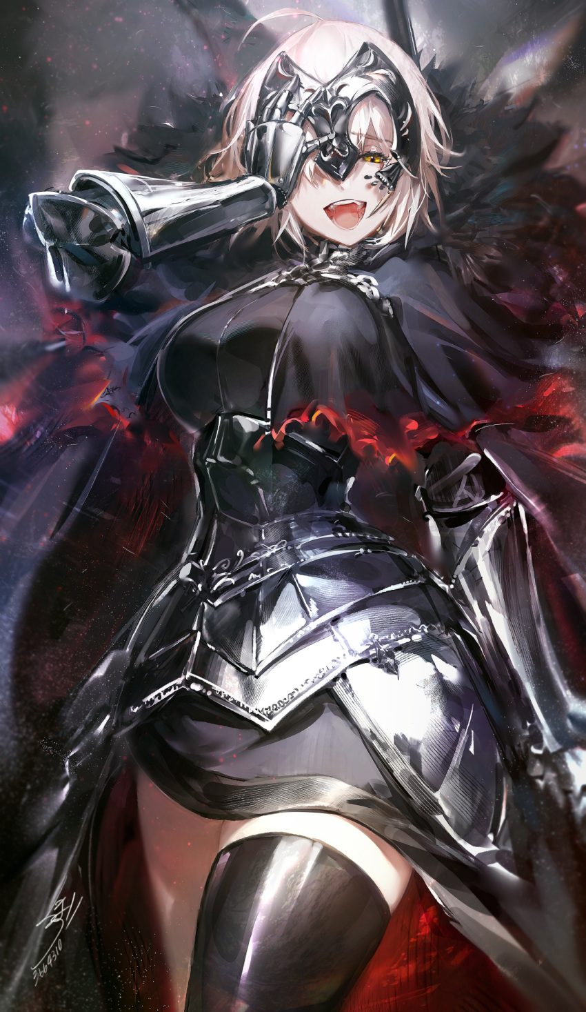 ahoge armor armored_dress bangs breasts cape chain cleavage commentary_request covering_one_eye cowboy_shot dress eyebrows_visible_through_hair fate/grand_order fate_(series) fur-trimmed_cape fur_collar fur_trim gauntlets half-closed_eyes headpiece highres hoojiro jeanne_d'arc_(alter)_(fate) jeanne_d'arc_(fate)_(all) large_breasts looking_at_viewer open_mouth short_hair silver_hair smile solo thighhighs thighs tsurime yellow_eyes