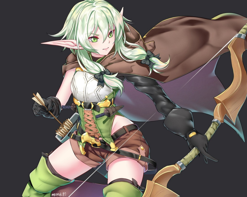 arrow asymmetrical_sleeves black_background black_bow black_gloves boots bow bow_(weapon) brown_shorts cloak cowboy_shot elf gloves goblin_slayer! green_eyes green_hair hair_bow high_elf_archer_(goblin_slayer!) holding holding_weapon hood hooded_cloak kaiend long_hair looking_to_the_side pink_lips pointy_ears shorts sidelocks simple_background sleeveless smile solo thigh_boots thighhighs weapon