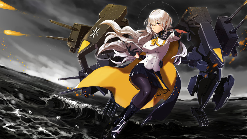 absurdres black_gloves black_legwear black_skirt book breasts clausewitz_(steelblue_mirage) commentary_request firing full_body gloves grey_sky gun highres holding holding_book long_hair medium_breasts ocean open_book outdoors pantyhose red_eyes sahara1127 skirt solo steelblue_mirage turret very_long_hair waves weapon white_hair yellow_cape zhan_jian_shao_nyu