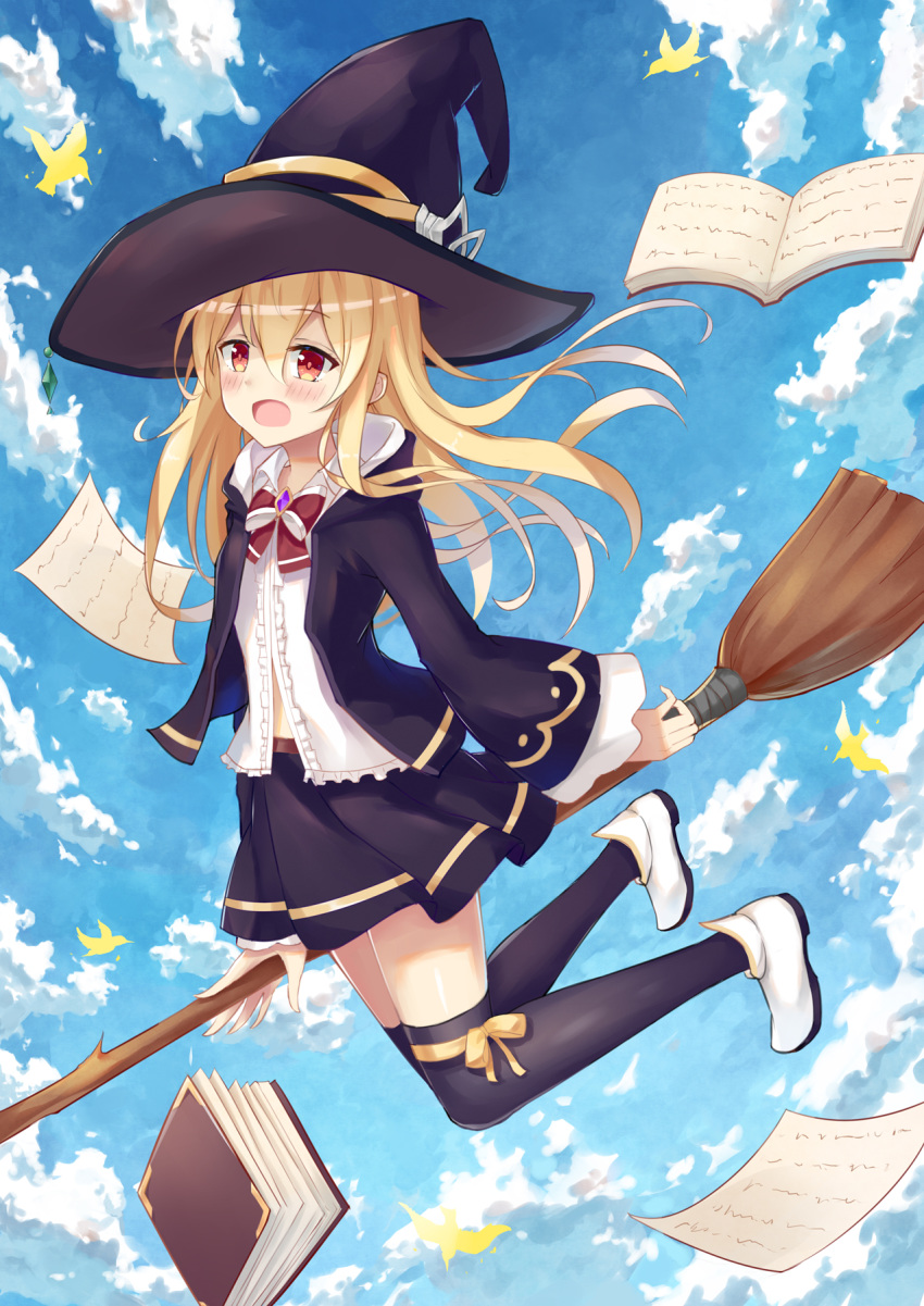 :o bangs belly_peek black_coat black_hat black_legwear black_skirt blonde_hair blue_sky blush book bow bowtie broom cloud cloudy_sky coat collared_shirt day eyebrows_visible_through_hair full_body hair_between_eyes hat highres holding holding_broom hood hood_down legs_up long_hair long_sleeves looking_at_viewer midair miniskirt open_book open_clothes open_coat open_mouth original outdoors paper red_eyes red_neckwear ribbon shirt shoes sidelocks skirt sky solo thighhighs white_footwear white_shirt wide_sleeves witch_hat yang423 yellow_ribbon zettai_ryouiki