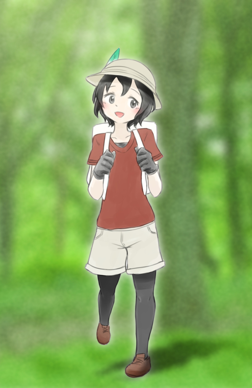1girl absurdres backpack bag bangs black_eyes black_gloves black_hair black_legwear blush brown_footwear collarbone female flat_chest full_body gloves green_background hands_up happy hat highres kaban_(kemono_friends) kemono_friends looking_to_the_side matching_hair/eyes open_mouth outdoors pantyhose red_shirt shirt shoes short_hair short_sleeves shorts smile solo standing standing_on_one_leg tree undershirt walking white_shorts xan_(xan0712)