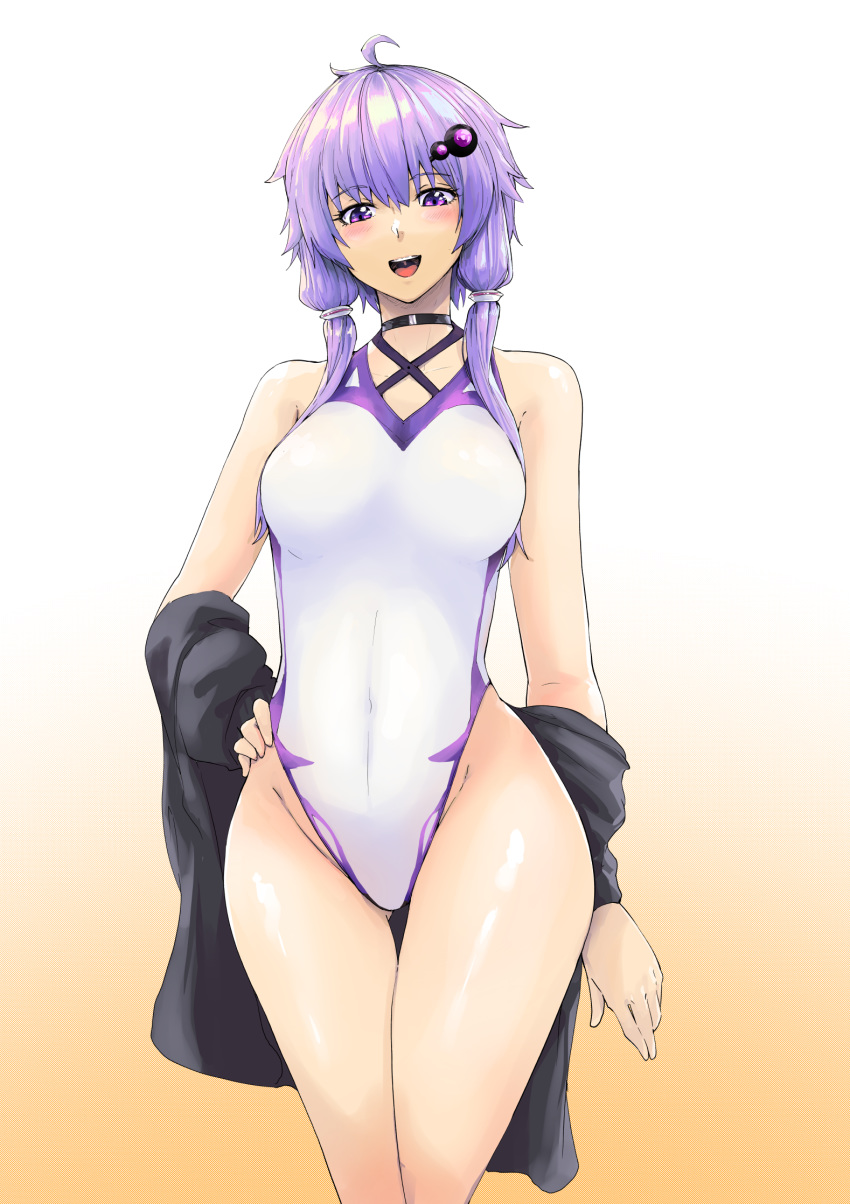 ass_visible_through_thighs black_jacket competition_swimsuit feet_out_of_frame gradient gradient_background hair_ornament highres jacket looking_at_viewer one-piece_swimsuit open_mouth purple_eyes purple_hair short_hair_with_long_locks smile solo standing swimsuit thigh_gap vocaloid voiceroid white_background white_swimsuit yellow_background yuzuki_yukari zooanime