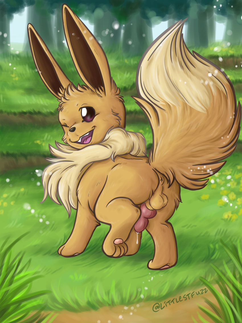 2018 absurd_res anatomically_correct animal_genitalia animal_penis anus balls black_nose brown_fur butt canine canine_penis cum detailed_background digital_media_(artwork) eevee erection feral fluffy full_length_portrait fur grass hi_res interspecies knot littlestfuzz looking_at_viewer looking_back male mammal nintendo open_mouth outside pawpads paws penis pok&eacute;mon pok&eacute;mon_(species) pok&eacute;philia presenting presenting_hindquarters smile solo toes tuft video_games