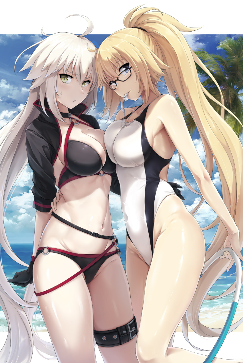 akita_hika bangs bare_arms bare_shoulders beach bikini black-framed_eyewear black_bikini black_choker black_gloves blonde_hair blue_eyes blue_sky breasts choker cleavage cloud cloudy_sky commentary_request cropped_jacket day eyebrows_visible_through_hair fate/grand_order fate_(series) fingernails glasses gloves highres holding hoop jeanne_d'arc_(alter)_(fate) jeanne_d'arc_(fate) jeanne_d'arc_(fate)_(all) large_breasts long_hair looking_at_viewer multiple_girls navel o-ring o-ring_bikini o-ring_bottom o-ring_top one-piece_swimsuit outdoors ponytail silver_hair sky smile standing summer sweatdrop swimsuit very_long_hair whistle white_swimsuit yellow_eyes