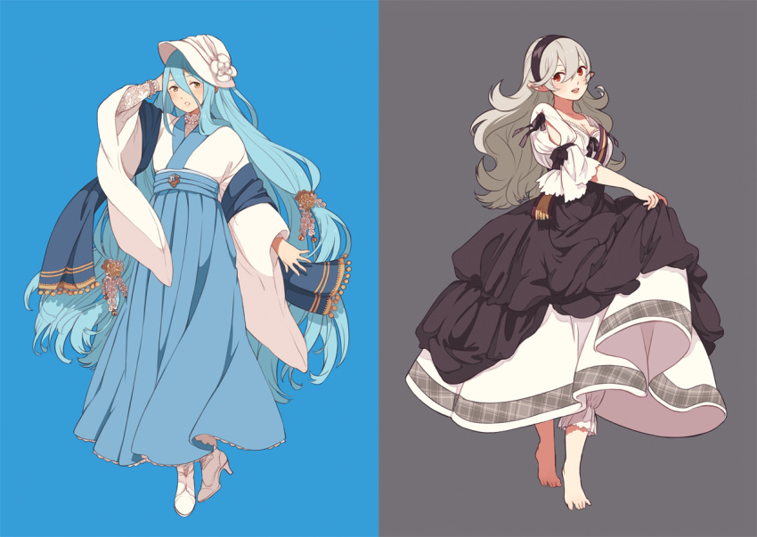 ai-wa aqua_(fire_emblem_if) barefoot black_headband black_ribbon blue_background blue_hair blush breasts cleavage dress european_clothes female_my_unit_(fire_emblem_if) fire_emblem fire_emblem_heroes fire_emblem_if grey_background grey_hair hat headband high_heels japanese_clothes jewelry kimono long_hair looking_at_viewer multicolored multicolored_background multiple_girls my_unit_(fire_emblem_if) open_mouth pointy_ears red_eyes ribbon very_long_hair yellow_eyes
