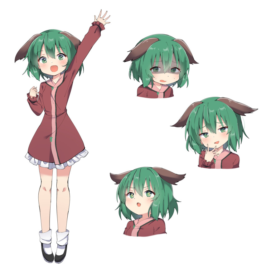 1girl amashi_(qcmrq906) animal_ears arm_up bad_id bad_twitter_id bare_legs black_footwear blush brown_dress dress fang green_eyes green_hair head_tilt highres kasodani_kyouko looking_at_viewer multiple_views open_mouth shaded_face shoes short_dress short_hair simple_background smile smirk socks standing sweat touhou waving white_background white_legwear