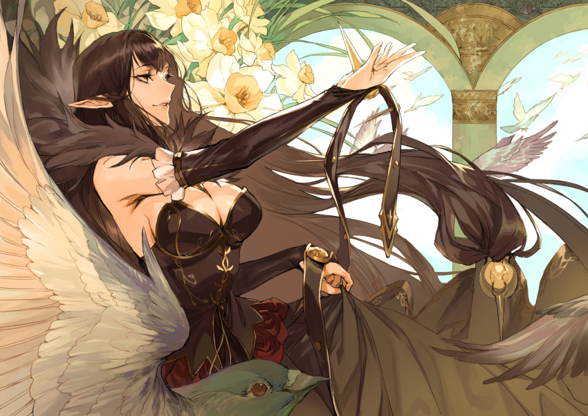 absurdres arch artist_request bird black_dress black_hair breasts bridal_gauntlets carving cleavage commentary dress fate/grand_order fate_(series) fur_trim hand_up highres long_dress long_hair narcissus_(flower) pillar pointy_ears semiramis_(fate) skirt skirt_pull spikes very_long_hair yellow_eyes