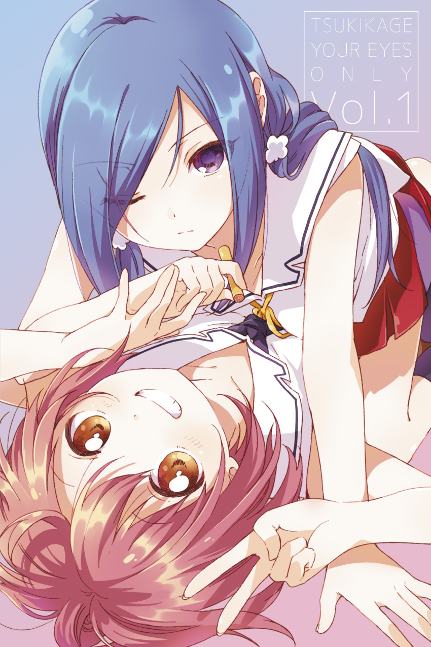 absurdres all_fours asymmetrical_docking blue_hair blush breast_press brown_eyes closed_mouth collarbone commentary_request expressionless eyebrows_visible_through_hair hanzoumon_yuki highres long_hair looking_at_viewer lying minamoto_momo multiple_girls namori official_art on_back one_eye_closed parted_lips pink_hair purple_eyes red_skirt release_the_spyce short_hair skirt smile teeth v