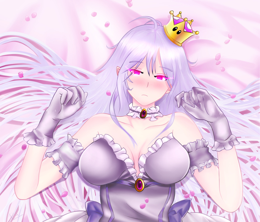 1girl bangs bed blush booette breasts cleavage closed_mouth crown dress female gloves glowing glowing_eyes high_resolution large_breasts long_hair looking_at_viewer luigi's_mansion lying lying_on_bed mario_(series) new_super_mario_bros._u_deluxe nintendo on_bed picantium pointy_ears purple_eyes ribbon short_sleeves silver_hair super_crown very_high_resolution white_dress white_gloves