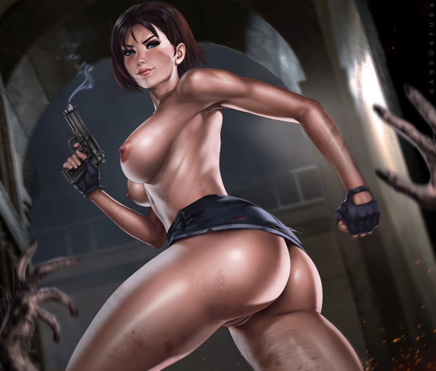 1girl areolae armpits artist_name ass bare_arms bare_legs bare_shoulders blue_eyes blurry blurry_background blurry_foreground breasts brown_hair capcom closed_mouth contrapposto dandon_fuga depth_of_field dirty fingerless_gloves from_below functionally_nude gloves gun hand_up handgun highres holding holding_gun holding_weapon indoors jill_valentine large_breasts legs legs_apart looking_at_viewer nemesis nipples no_panties pencil_skirt pistol pussy resident_evil resident_evil_3 short_hair skirt skirt_lift smile smoke smoking_gun solo standing thick_thighs thighs topless torn_clothes torn_skirt uncensored upskirt weapon wide_hips zombie