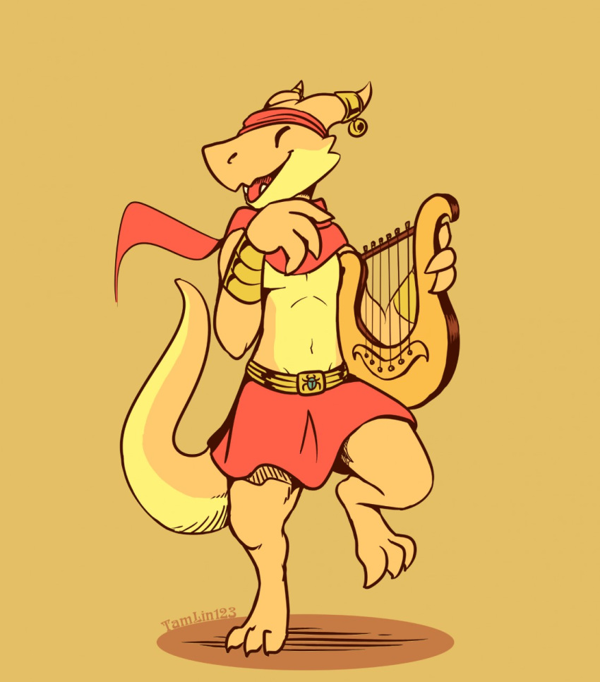 2018 anthro claws clothing dancing digital_media_(artwork) dungeons_&amp;_dragons egyptian happy kobold looking_at_viewer lyre male musical_instrument reptile scales scalie simple_background singing sirocco smile solo tamlin123 white_background