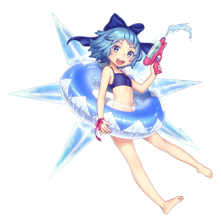 bare_arms bare_legs bare_shoulders barefoot bikini blue_bikini blue_bow blue_eyes blue_hair blue_wings bow cirno feet flat_chest full_body hair_bow highres holding ice ice_wings innertube looking_at_viewer navel open_mouth pink_ribbon ribbon sho_shima short_hair simple_background smile solo swimsuit touhou water_gun white_background wings wrist_ribbon