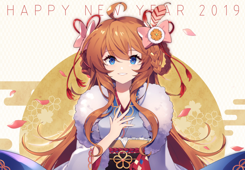 1girl 2019 ahoge bangs blue_eyes blue_kimono bow braid brown_hair commentary egasumi eyebrows_visible_through_hair feathers flower fur granblue_fantasy gun hair_bow hair_feathers hair_rings handgun happy_new_year japanese_clothes kimono lecia_(granblue_fantasy) long_hair long_sleeves new_year obi parted_lips patterned_background petals pink_bow sash sharlorc sidelocks smile solo sun tassel upper_body very_long_hair weapon wide_sleeves yagasuri
