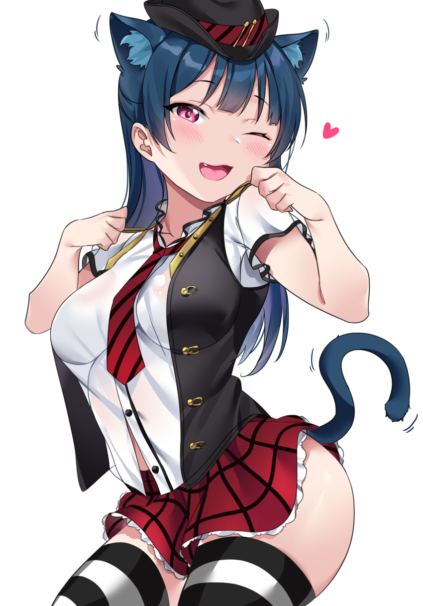 ;d absurdres animal_ear_fluff animal_ears ass black_hat black_vest blue_hair blush breasts cat_ears cat_girl cat_tail collarbone diagonal-striped_neckwear diagonal_stripes dress_shirt fang hands_up hat head_tilt heart highres kemonomimi_mode long_hair looking_at_viewer love_live! love_live!_sunshine!! medium_breasts mini_hat necktie one_eye_closed open_clothes open_mouth open_vest paw_pose plaid plaid_skirt purple_eyes red_neckwear red_skirt shirt short_sleeves simple_background skirt smile solo striped striped_legwear striped_neckwear tail tem10 thighhighs tsushima_yoshiko vest white_background white_shirt