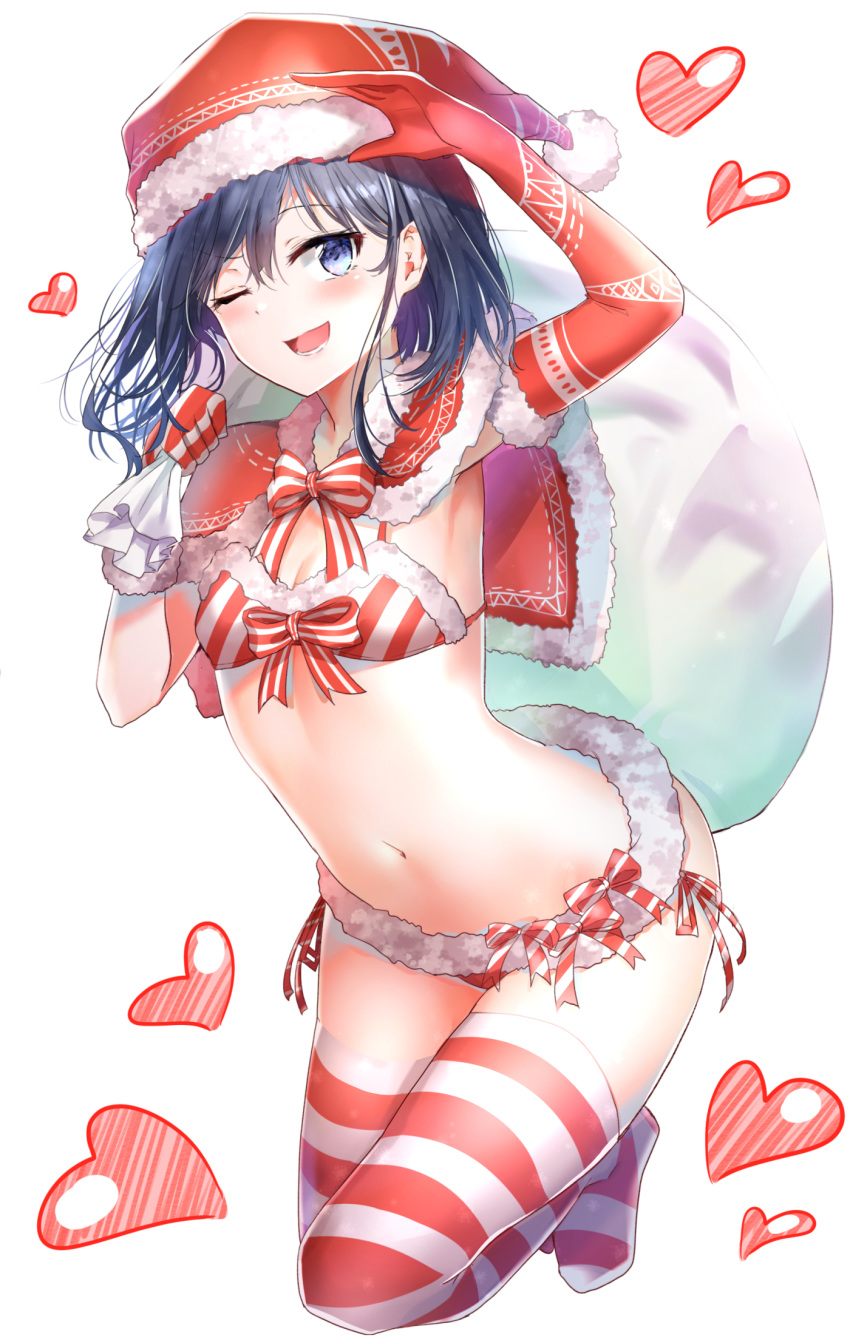 ;d adagaki_aki arm_up armpits bangs bikini black_hair blue_eyes blush bow bowtie breasts capelet commentary elbow_gloves eyebrows_visible_through_hair front-tie_bikini front-tie_top fur_trim gloves hat heart highres holding holding_sack legs_up looking_at_viewer masamune-kun_no_revenge mismatched_gloves navel one_eye_closed open_mouth red_bikini red_bow red_capelet red_gloves red_hat red_legwear red_neckwear round_teeth sack santa_bikini santa_hat short_hair side-tie_bikini sidelocks simple_background small_breasts smile solo striped striped_bikini striped_legwear striped_neckwear sunhyun swimsuit teeth thighhighs unmoving_pattern white_background