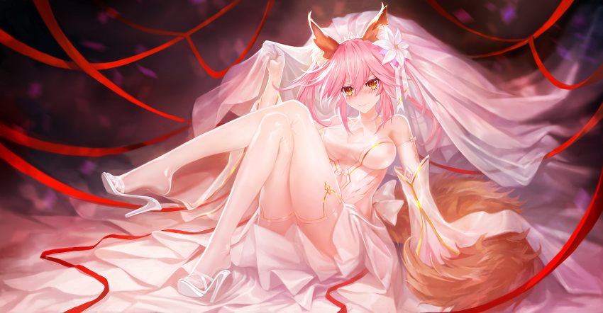 animal_ear_fluff animal_ears bare_shoulders blush breasts cleavage closed_mouth crossed_legs detached_sleeves dress fate/extra fate_(series) fox_ears fox_tail hair_between_eyes halterneck high_heels highres large_breasts pink_hair revealing_clothes see-through sitting solo tail tamamo_(fate)_(all) tamamo_no_mae_(fate) thighhighs veil white_dress yellow_eyes zhuore_zhi_hen