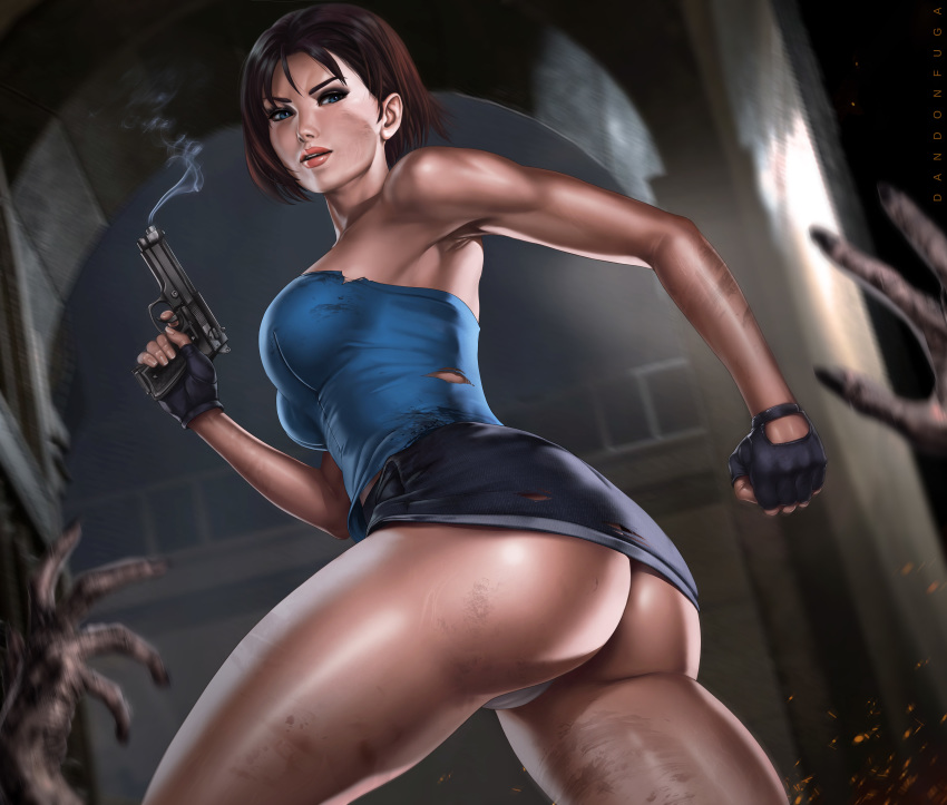 1girl armpits artist_name ass bare_arms bare_legs bare_shoulders blue_eyes blue_tubetop blurry blurry_background blurry_foreground breasts brown_hair cameltoe capcom contrapposto dandon_fuga depth_of_field dirty fingerless_gloves from_below gloves gun hand_up handgun highres holding holding_gun holding_weapon indoors jill_valentine large_breasts legs legs_apart looking_at_viewer nemesis panties pantyshot pantyshot_(standing) parted_lips pencil_skirt pistol resident_evil resident_evil_3 short_hair skirt skirt_lift smoke smoking_gun solo standing strapless thick_thighs thighs torn_clothes torn_skirt tubetop underwear upskirt weapon white_panties wide_hips zombie