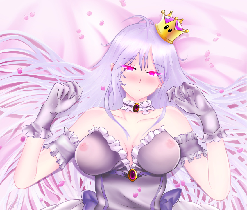 1girl bangs bed blush booette breasts cleavage closed_mouth crown dress female gloves glowing glowing_eyes high_resolution large_breasts large_filesize long_hair looking_at_viewer luigi's_mansion lying lying_on_bed mario_(series) new_super_mario_bros._u_deluxe nintendo on_bed picantium pointy_ears purple_eyes ribbon short_sleeves silver_hair super_crown transparent_clothes very_high_resolution white_dress white_gloves