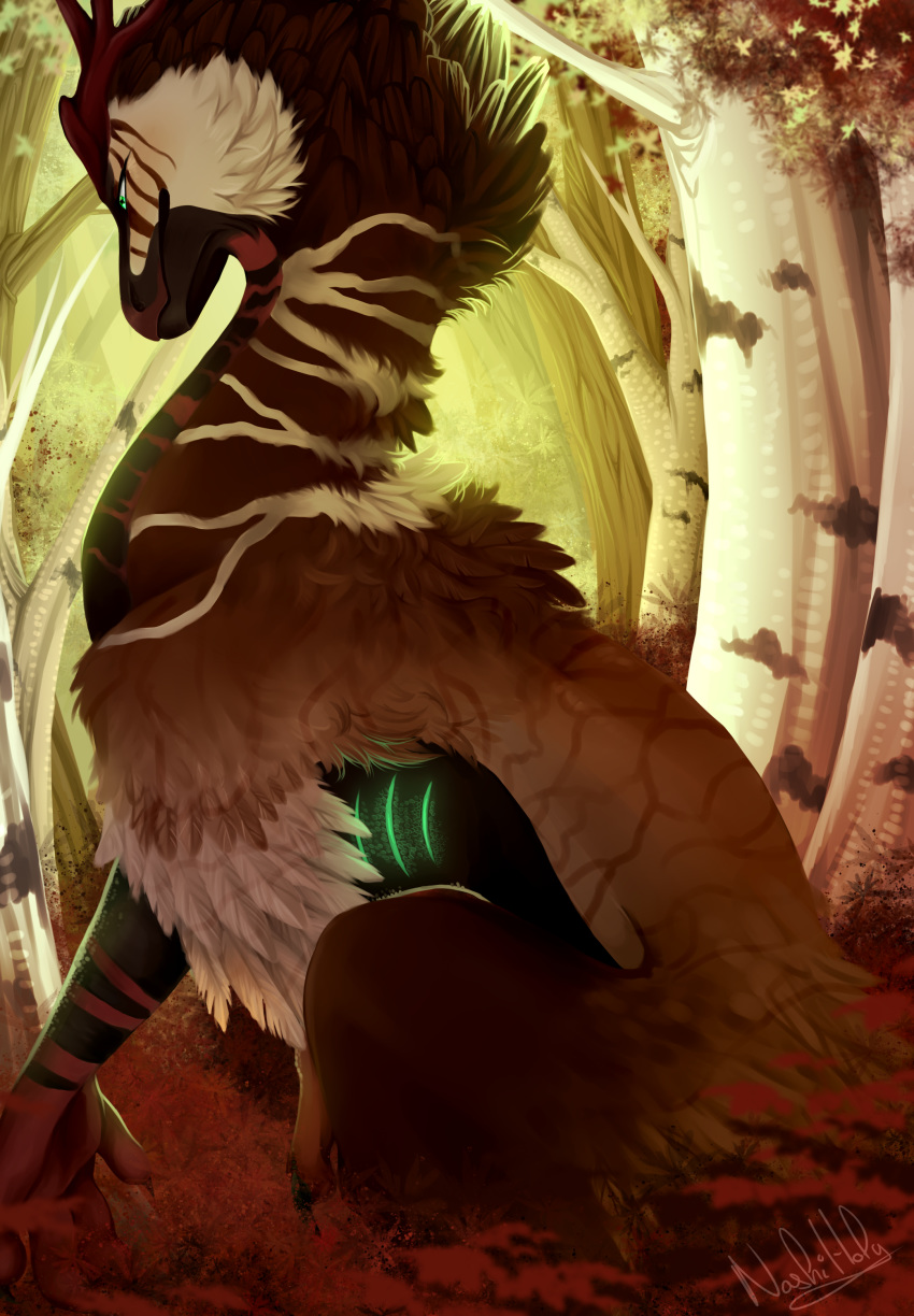 2018 ambiguous_gender brown_fur detailed_background digital_media_(artwork) dragon feral forest fur furred_dragon green_eyes nashiholy sitting solo tree