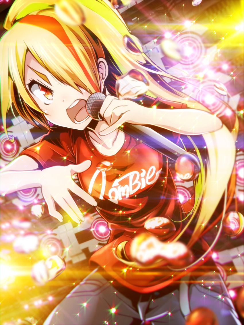 blonde_hair blurry clothes_writing collarbone depth_of_field droplet hair_over_one_eye highres holding holding_microphone lens_flare light_particles long_hair looking_at_viewer microphone multicolored_hair nikaidou_saki open_mouth orange_hair pants pinky_out ponytail projector shirt solo stage_lights streaked_hair t-shirt tom_(drpow) upper_body yellow_eyes zombie_land_saga
