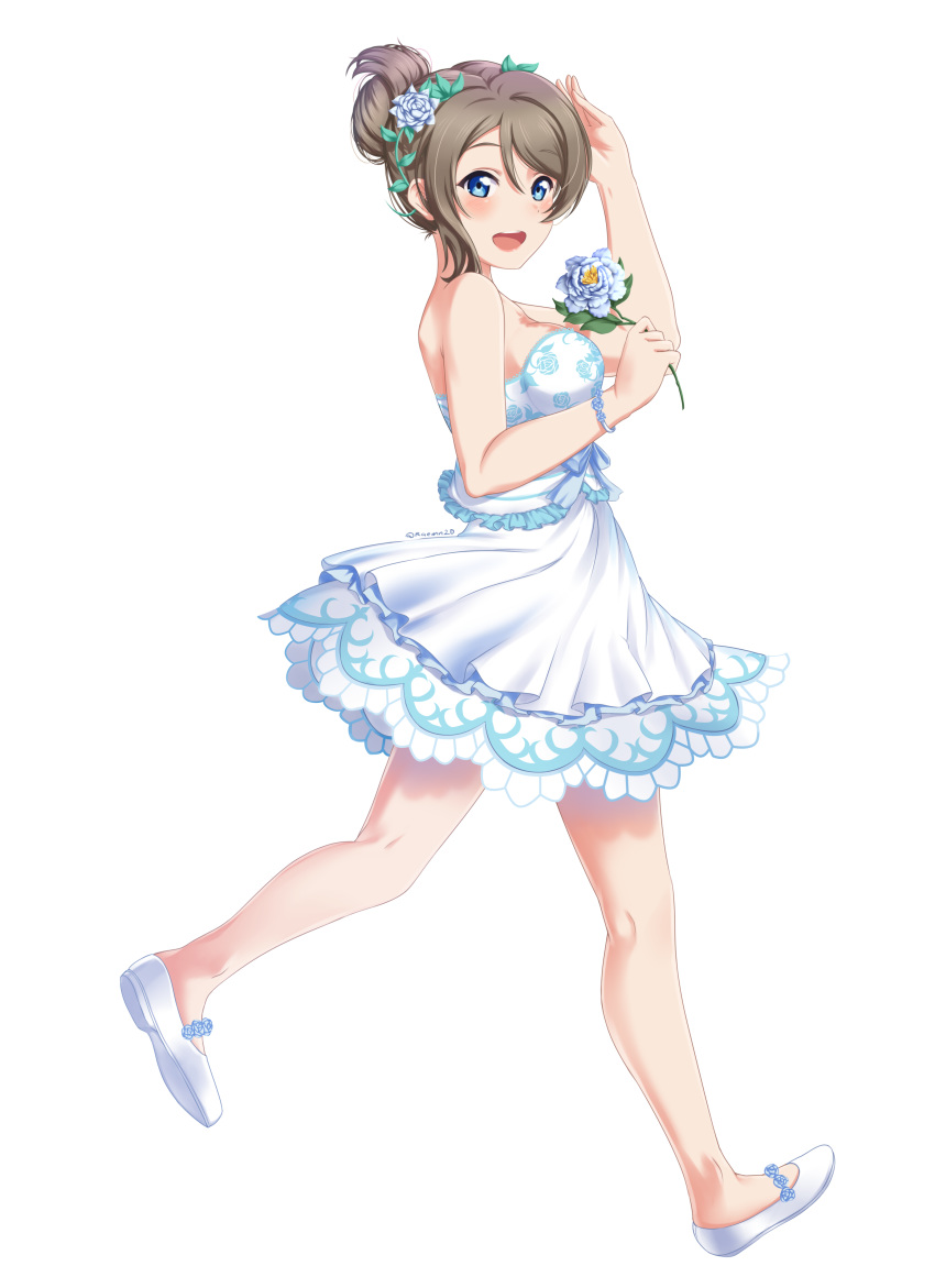 absurdres alternate_hairstyle bangs bare_shoulders blue_eyes bracelet breasts dress eyebrows_visible_through_hair floral_print flower hair_between_eyes hair_flower hair_ornament highres holding holding_flower jewelry looking_at_viewer love_live! love_live!_sunshine!! medium_breasts raemn_(raemn2d) salute simple_background solo strapless strapless_dress thank_you_friends!! walking watanabe_you white_background white_dress white_footwear