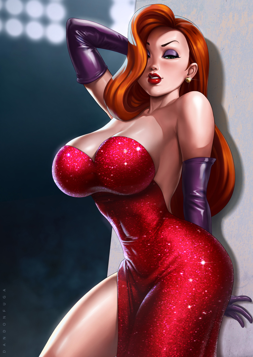 1girl against_wall arm_behind_head arm_up artist_name bare_shoulders blurry blurry_background blush breasts cleavage clenched_teeth covered_navel cowboy_shot curvy dandon_fuga dress earrings elbow_gloves gloves green_eyes hair_over_one_eye half-closed_eyes highres jessica_rabbit jewelry large_breasts legs long_hair looking_at_viewer makeup naughty_face orange_hair parted_lips purple_gloves raised_eyebrows red_dress red_lips shadow shiny shiny_clothes shiny_skin simple_background solo standing strapless strapless_dress teeth thick_lips thick_thighs thighs who_framed_roger_rabbit wide_hips