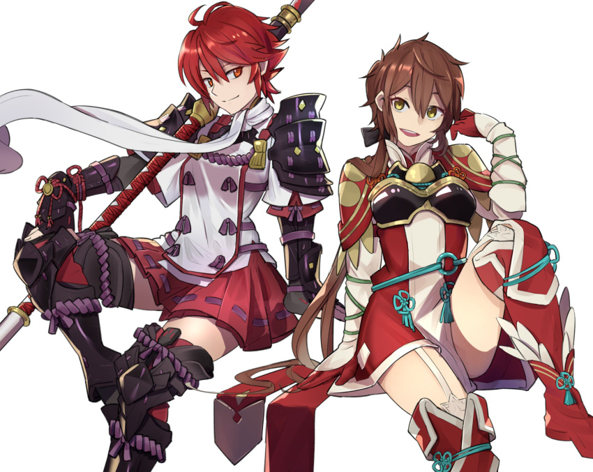 armor bangs black_footwear black_hair blush boots circlet cosplay costume_switch ebinku elbow_sleeve eyebrows_visible_through_hair fire_emblem fire_emblem_if highres hinoka_(fire_emblem_if) hinoka_(fire_emblem_if)_(cosplay) long_hair looking_at_viewer lora_(xenoblade_2) lora_(xenoblade_2)_(cosplay) multiple_girls parted_bangs parted_lips pauldrons pegasus_knight pleated_skirt red_eyes red_footwear red_hair red_legwear short_hair simple_background skirt smile thigh_boots thighhighs upper_teeth white_background xenoblade_(series) xenoblade_2 xenoblade_2:_ogon_no_kuri_ira yellow_eyes zettai_ryouiki