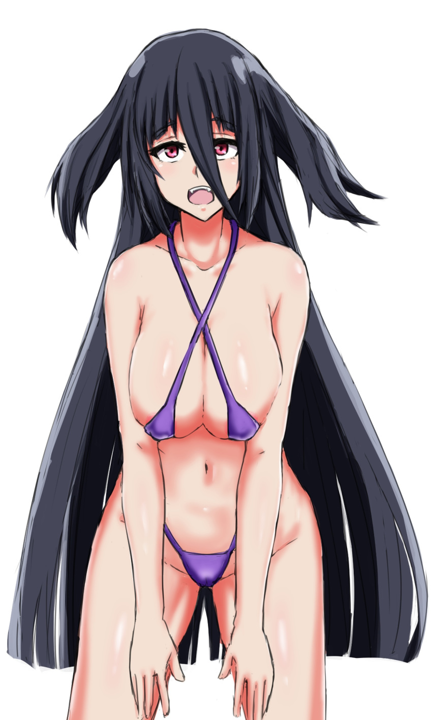 absurdres bikini black_hair blush breasts cleavage highres kinkin18 large_breasts long_hair open_mouth pov red_eyes shiny shiny_skin solo string_bikini swimsuit thick_thighs thighs yamada_tae zombie_land_saga