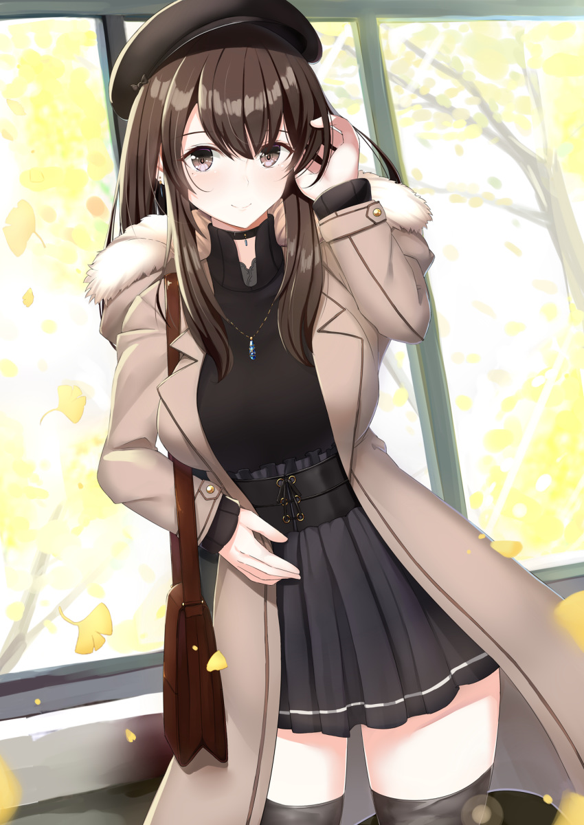 arm_up bag beret black_choker black_hat black_legwear black_shirt black_skirt blush bow breasts brown_bow brown_coat brown_eyes brown_hair choker closed_mouth coat commentary_request fur-trimmed_hood fur_trim ginkgo ginkgo_leaf hand_in_hair hat hat_bow highres hood hood_down hooded_coat i.f.s.f indoors jewelry leaf long_hair long_sleeves medium_breasts open_clothes open_coat original pendant pleated_skirt shirt shoulder_bag skirt sleeves_past_wrists smile solo standing thighhighs tree window zettai_ryouiki