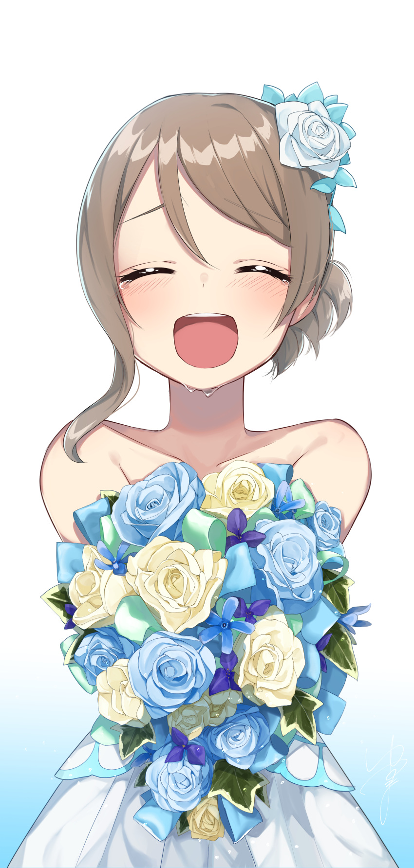 absurdres alternate_hairstyle bangs bare_shoulders blue_flower blue_ribbon blush closed_eyes crying dress eyebrows_visible_through_hair flower hair_between_eyes hair_flower hair_ornament happy highres leaf love_live! love_live!_sunshine!! open_mouth purple_flower ribbon smile strapless strapless_dress tears thank_you_friends!! watanabe_you white_background white_dress yellow_flower yuama_(drop)