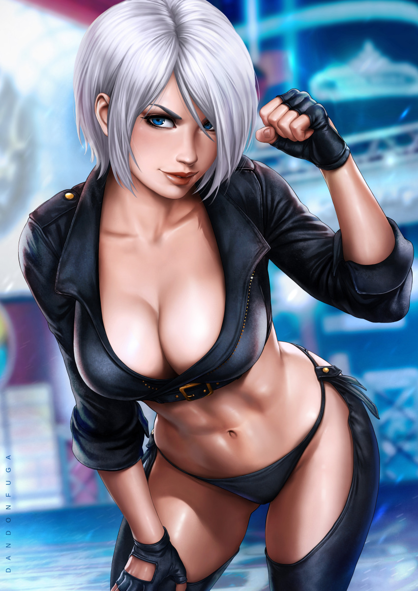 1girl angel_(kof) arm_up artist_name black_gloves black_thong blue_eyes blurry blurry_background breasts chaps cleavage closed_mouth cowboy_shot cropped_jacket curvy dandon_fuga eyeliner fingerless_gloves gloves grey_hair grin hair_over_one_eye hand_on_own_thigh highres hips jacket large_breasts leaning_forward legs legs_apart looking_at_viewer makeup navel red_lips short_hair silver_hair sleeves_rolled_up smile solo the_king_of_fighters thighhighs thighs thong toned