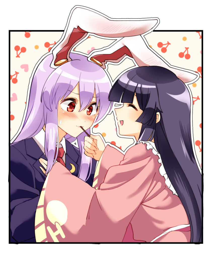 :3 :d ^_^ animal_ears bangs beige_background black_hair black_jacket blazer blunt_bangs blush border bunny_ears cherry closed_eyes commentary_request crescent crescent_moon_pin eyebrows_visible_through_hair food frilled_shirt_collar frills from_side fruit hair_between_eyes highres holding houraisan_kaguya jacket long_hair long_sleeves looking_at_another mana_(tsurubeji) multiple_girls open_mouth outline outside_border pink_shirt pocky profile purple_hair red_eyes reisen_udongein_inaba shirt smile sweat touhou upper_body very_long_hair white_border white_outline wide_sleeves yuri
