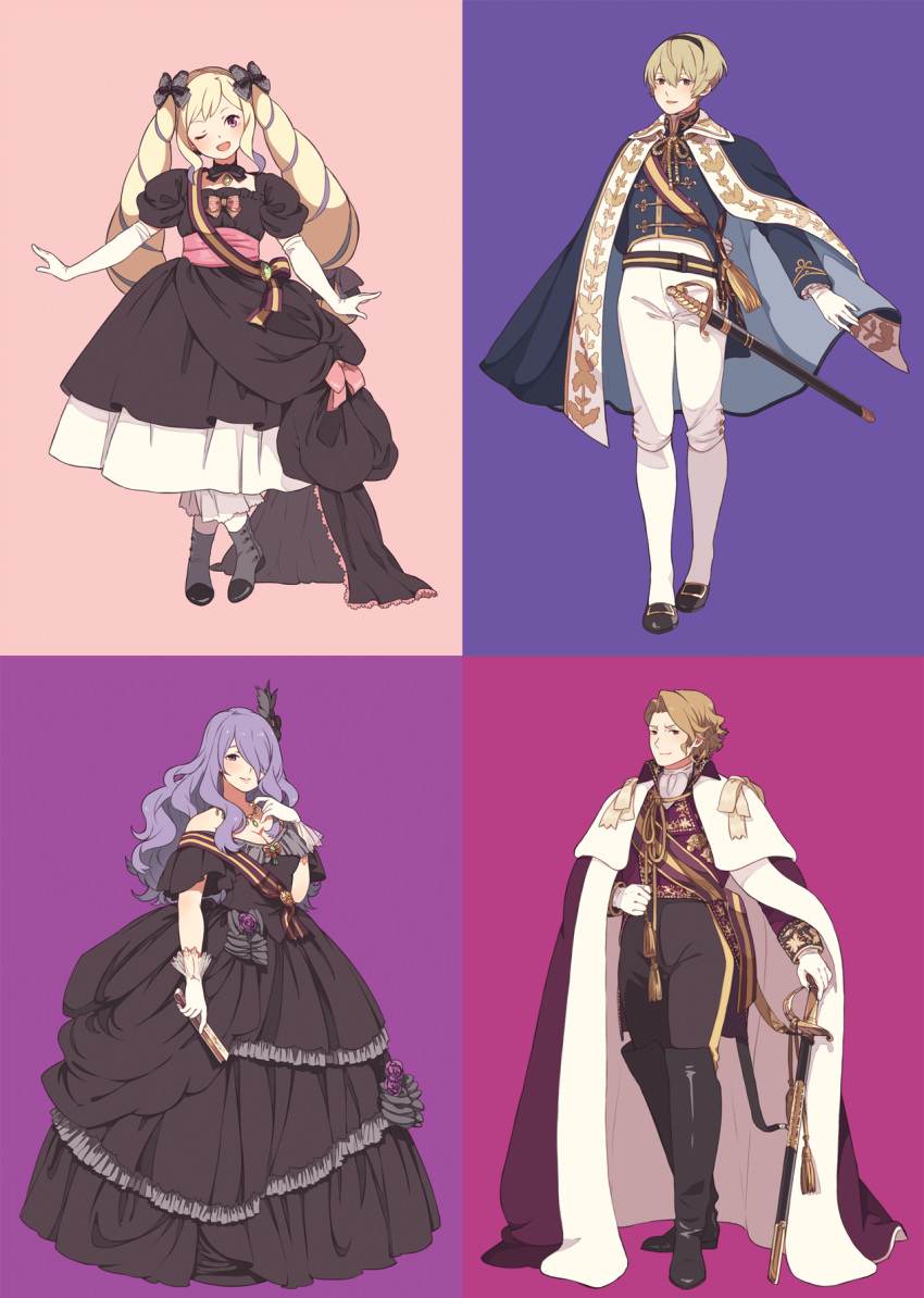 2girls ai-wa black_dress black_ribbon blonde_hair blue_background blush boots breasts brother_and_sister brothers camilla_(fire_emblem_if) cape cleavage closed_mouth dress drill_hair elbow_gloves elise_(fire_emblem_if) european_clothes fan feather_hair_ornament fire_emblem fire_emblem_heroes fire_emblem_if flower formal gloves hair_between_eyes hair_ornament hair_over_one_eye hair_ribbon hairband hand_on_back highres jewelry leon_(fire_emblem_if) looking_at_viewer marks_(fire_emblem_if) multicolored multicolored_background multiple_boys multiple_girls one_eye_closed one_eye_covered open_mouth pink_background pink_ribbon purple_background purple_eyes purple_flower purple_hair purple_rose ribbon rose sheath sheathed siblings sisters smile sword twin_drills twintails weapon