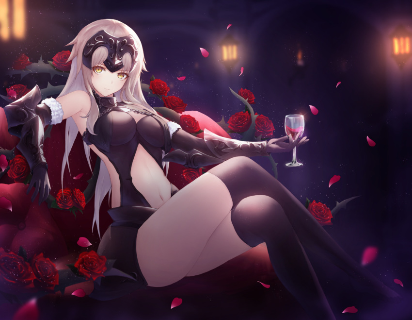 alcohol armor armored_dress bare_shoulders black_dress black_gloves black_legwear breasts commentary_request crossed_legs cup cupping_glass dress drinking_glass fate/grand_order fate_(series) flower gloves highres jeanne_d'arc_(alter)_(fate) jeanne_d'arc_(fate)_(all) large_breasts long_hair looking_at_viewer navel necoring862 rose silver_hair sitting solo stomach thighs thorns wine wine_glass yellow_eyes