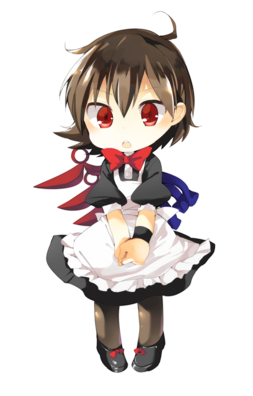 absurdres apron asymmetrical_wings black_dress black_footwear bow bowtie brown_hair brown_legwear chibi commentary_request dress full_body hair_between_eyes hasebe_yuusaku highres houjuu_nue looking_at_viewer maid_apron open_mouth own_hands_together pantyhose pigeon-toed puffy_short_sleeves puffy_sleeves red_bow red_eyes red_neckwear shoe_bow shoes short_hair short_sleeves solo touhou transparent_background wings wristband