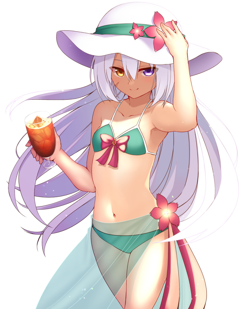 arm_up armpits bangs bare_shoulders bikini breasts closed_mouth collarbone cowboy_shot cup facial_scar floating_hair flower green_bikini hair_between_eyes hand_on_headwear hat hat_flower heterochromia highres holding holding_cup hurricane_glass long_hair looking_at_viewer mahcdai navel original purple_eyes sarong scar see-through sidelocks simple_background small_breasts smile solo sun_hat swimsuit tropical_drink very_long_hair white_background white_hair white_hat yellow_eyes