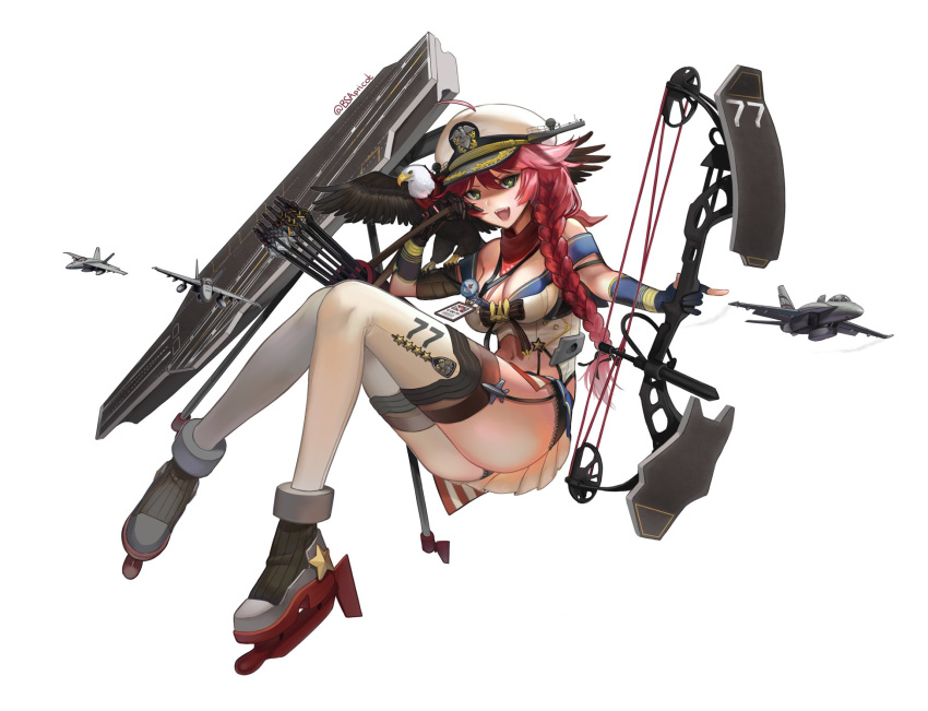aircraft aircraft_carrier airplane artist_name ass bald_eagle bird bow_(weapon) braided_ponytail breasts cleavage commentary compound_bow danielle_brindle eagle fang fighter_jet green_eyes hat highres jet kantai_collection military military_vehicle miniskirt navel original peaked_cap red_hair ship skirt solo twitter_username us_navy uss_george_h.w._bush_(cvn-77) warship watercraft weapon