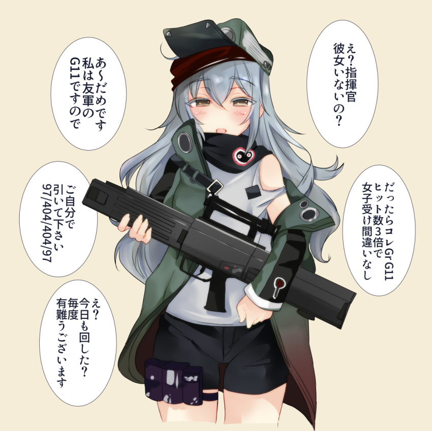 abenattou assault_rifle bangs black_shorts blush brown_eyes check_translation commentary cowboy_shot cropped_legs eyebrows_visible_through_hair g11 g11_(girls_frontline) girls_frontline green_hat green_jacket grey_hair grey_shirt gun half-closed_eyes hat heckler_&amp;_koch holding holding_gun holding_weapon jacket light_smile long_hair long_sleeves looking_at_viewer off_shoulder open_clothes open_jacket open_mouth pouch rifle scarf_on_head shirt short_shorts shorts shoulder_cutout simple_background smile solo standing thigh_strap translation_request weapon yellow_background